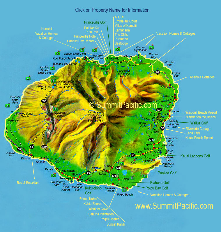 Kauai Map showing points of interest and the location of Kauai vacation rentals. Kauai Map, Kauai Map, Kauai Map.